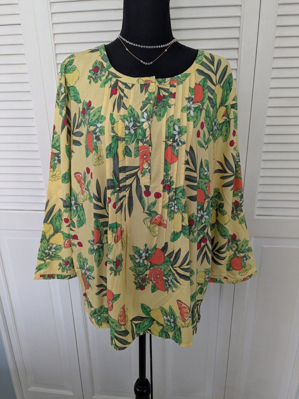 Appleseeds Top Womens XL Citrus Yellow Orange Tunic Pintuck Pleats Artsy Cottage